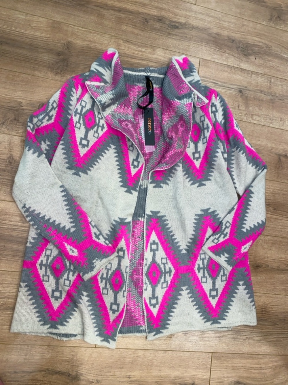 Renee C. Pink Grey Aztec Wool Cardigan NWT